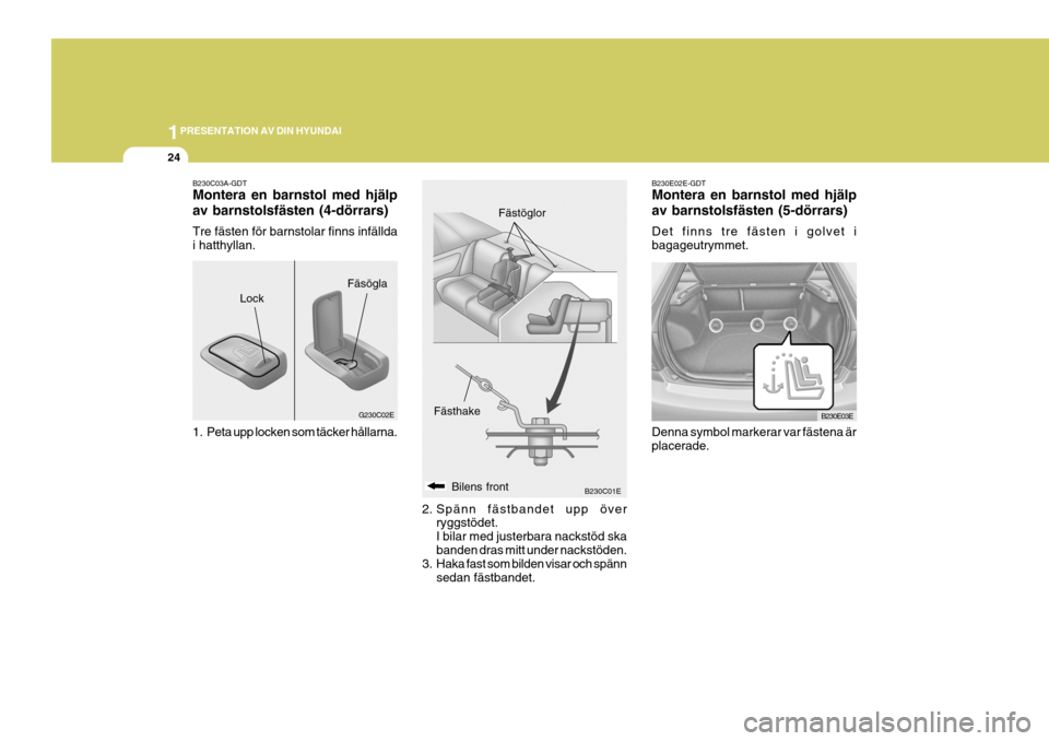 Hyundai Elantra 2006  Ägarmanual (in Swedish) 1PRESENTATION AV DIN HYUNDAI
24
B230C01E
G230C02E
Lock
FästhakeBilens front Fästöglor
Fäsögla
B230C03A-GDT Montera en barnstol med hjälp av barnstolsfästen (4-dörrars) Tre fästen för barnsto