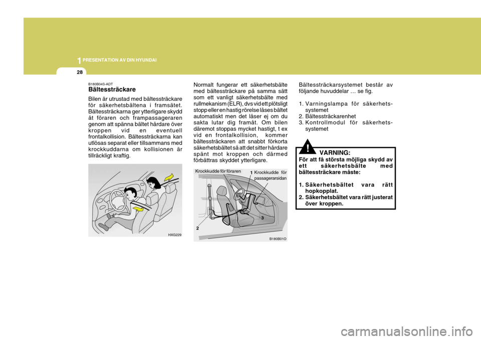 Hyundai Elantra 2006 Ägarmanual (in Swedish) 1PRESENTATION AV DIN HYUNDAI
28
!
Bältessträckarsystemet består av följande huvuddelar … se fig.
1. Varningslampa för säkerhets-
systemet
2. Bältessträckarenhet
3. Kontrollmodul för säke Hyundai Elantra 2006 Ägarmanual (in Swedish) 1PRESENTATION AV DIN HYUNDAI
28
!
Bältessträckarsystemet består av följande huvuddelar … se fig.
1. Varningslampa för säkerhets-
systemet
2. Bältessträckarenhet
3. Kontrollmodul för säke