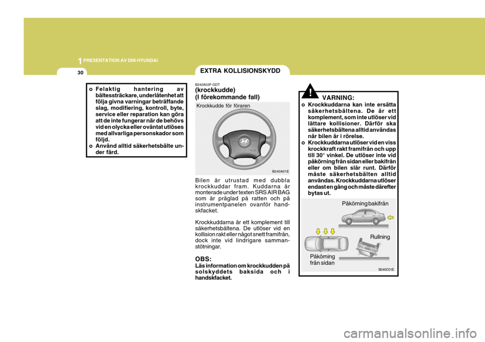 Hyundai Elantra 2006 Ägarmanual (in Swedish) 1PRESENTATION AV DIN HYUNDAI
30
o Felaktig hantering av
bältessträckare, underlåtenhet att följa givna varningar beträffande slag, modifiering, kontroll, byte,service eller reparation kan göra a Hyundai Elantra 2006 Ägarmanual (in Swedish) 1PRESENTATION AV DIN HYUNDAI
30
o Felaktig hantering av
bältessträckare, underlåtenhet att följa givna varningar beträffande slag, modifiering, kontroll, byte,service eller reparation kan göra a