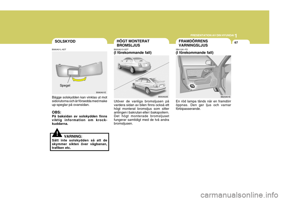 Hyundai Elantra 2006 Ägarmanual (in Swedish) 1
PRESENTATION AV DIN HYUNDAI
67
!
SOLSKYDD
B580A01L-ADT Bägge solskydden kan vinklas ut mot sidorutorna och är försedda med makeup-speglar på ovansidan. OBS: På baksidan av solskydden finns vikt Hyundai Elantra 2006 Ägarmanual (in Swedish) 1
PRESENTATION AV DIN HYUNDAI
67
!
SOLSKYDD
B580A01L-ADT Bägge solskydden kan vinklas ut mot sidorutorna och är försedda med makeup-speglar på ovansidan. OBS: På baksidan av solskydden finns vikt