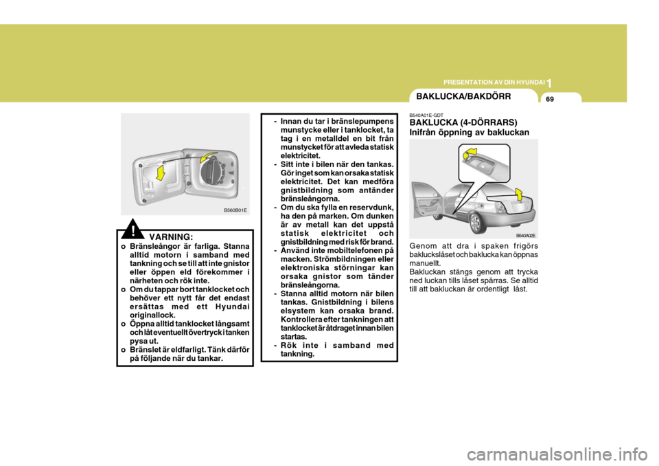 Hyundai Elantra 2006 Ägarmanual (in Swedish) 1
PRESENTATION AV DIN HYUNDAI
69
!VARNING:
o Bränsleångor är farliga. Stanna alltid motorn i samband med tankning och se till att inte gnistor eller öppen eld förekommer inärheten och rök inte. Hyundai Elantra 2006 Ägarmanual (in Swedish) 1
PRESENTATION AV DIN HYUNDAI
69
!VARNING:
o Bränsleångor är farliga. Stanna alltid motorn i samband med tankning och se till att inte gnistor eller öppen eld förekommer inärheten och rök inte.