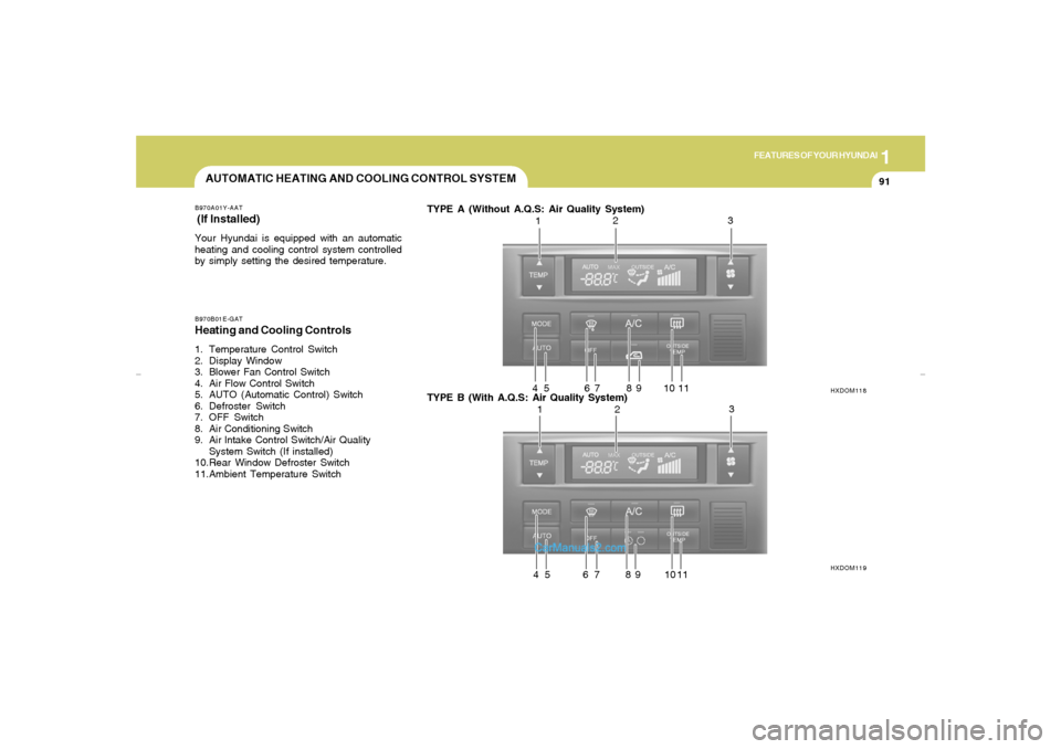 Hyundai Elantra 2005  Owners Manual 1
FEATURES OF YOUR HYUNDAI
91
AUTOMATIC HEATING AND COOLING CONTROL SYSTEMB970A01Y-AAT (If lnstalled)Your Hyundai is equipped with an automatic
heating and cooling control system controlled
by simply 