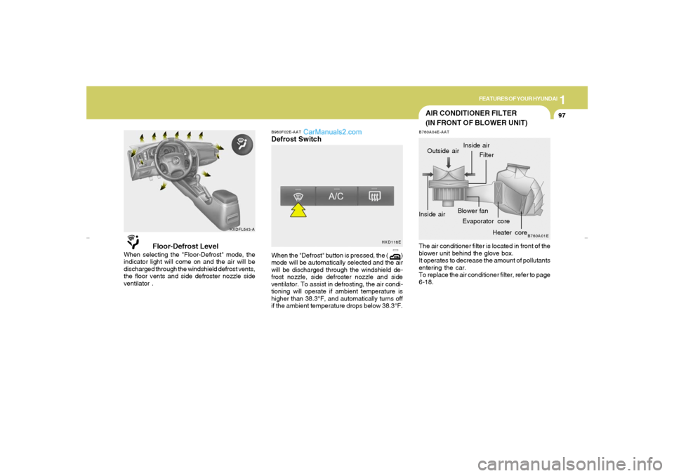 Hyundai Elantra 2005  Owners Manual 1
FEATURES OF YOUR HYUNDAI
97
AIR CONDITIONER FILTER
(IN FRONT OF BLOWER UNIT)
B980F02E-AATDefrost Switch
B760A04E-AAT
Floor-Defrost Level
When selecting the "Floor-Defrost" mode, the
indicator light 