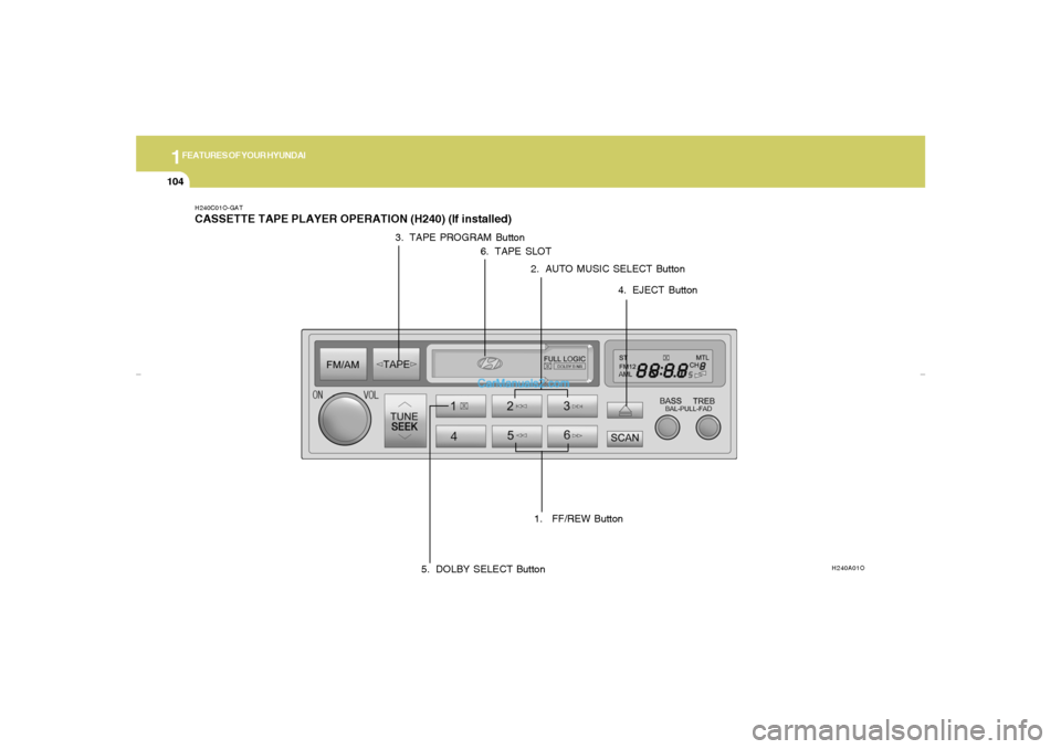 Hyundai Elantra 2005 Owners Manual 1FEATURES OF YOUR HYUNDAI
104
H240C01O-GATCASSETTE TAPE PLAYER OPERATION (H240) (If installed)
H240A01O
1. FF/REW Button2. AUTO MUSIC SELECT Button 3. TAPE PROGRAM Button
4. EJECT Button
5. DOLBY SEL Hyundai Elantra 2005 Owners Manual 1FEATURES OF YOUR HYUNDAI
104
H240C01O-GATCASSETTE TAPE PLAYER OPERATION (H240) (If installed)
H240A01O
1. FF/REW Button2. AUTO MUSIC SELECT Button 3. TAPE PROGRAM Button
4. EJECT Button
5. DOLBY SEL