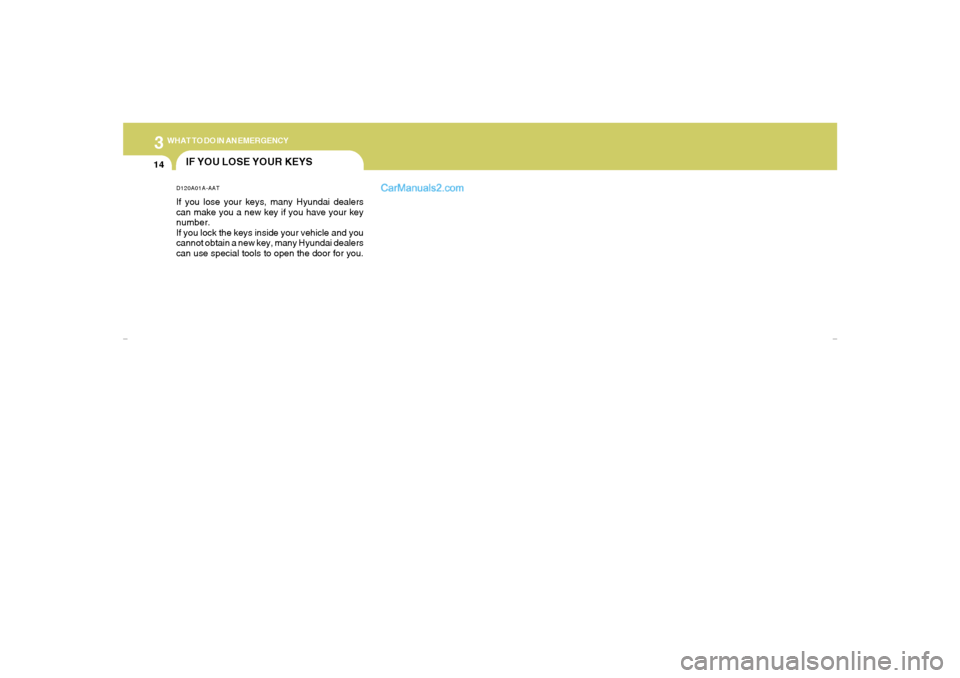Hyundai Elantra 2005 Owners Manual 314
WHAT TO DO IN AN EMERGENCY
IF YOU LOSE YOUR KEYSD120A01A-AATIf you lose your keys, many Hyundai dealers
can make you a new key if you have your key
number.
If you lock the keys inside your vehicle Hyundai Elantra 2005 Owners Manual 314
WHAT TO DO IN AN EMERGENCY
IF YOU LOSE YOUR KEYSD120A01A-AATIf you lose your keys, many Hyundai dealers
can make you a new key if you have your key
number.
If you lock the keys inside your vehicle