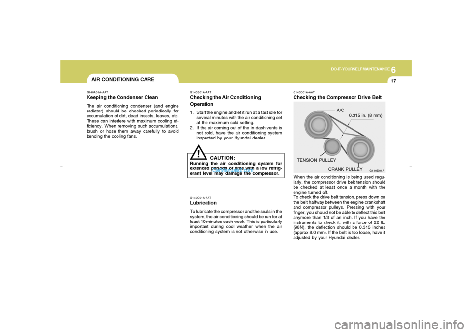 Hyundai Elantra 2005 Owners Manual 6
DO-IT-YOURSELF MAINTENANCE
17
AIR CONDITIONING CAREG140A01A-AATKeeping the Condenser CleanThe air conditioning condenser (and engine
radiator) should be checked periodically for
accumulation of dirt Hyundai Elantra 2005 Owners Manual 6
DO-IT-YOURSELF MAINTENANCE
17
AIR CONDITIONING CAREG140A01A-AATKeeping the Condenser CleanThe air conditioning condenser (and engine
radiator) should be checked periodically for
accumulation of dirt