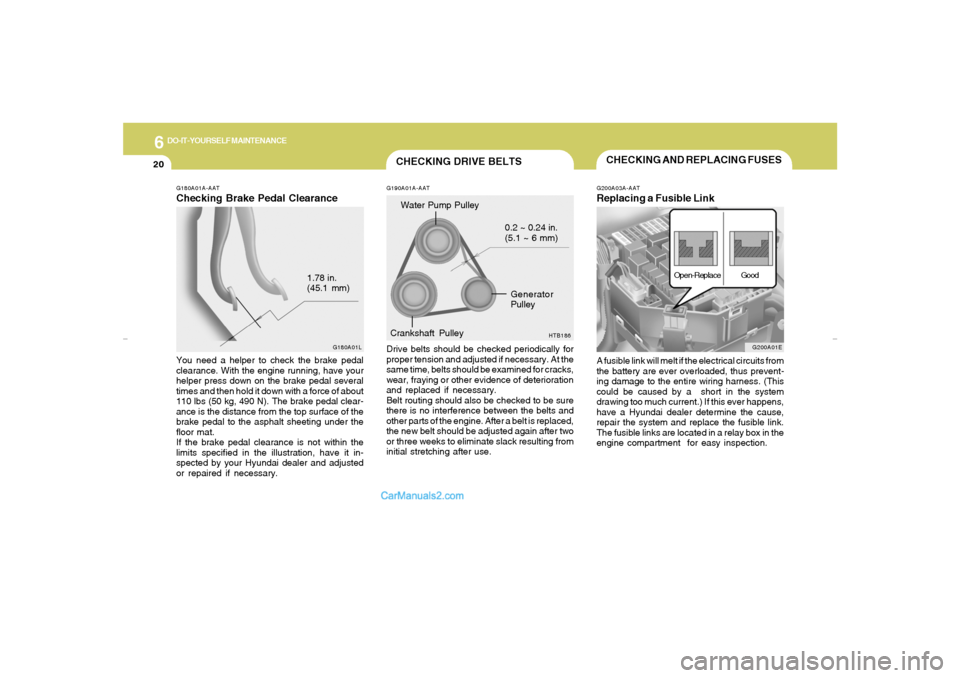 Hyundai Elantra 2005  Owners Manual 6
DO-IT-YOURSELF MAINTENANCE
20
CHECKING AND REPLACING FUSESG200A03A-AATReplacing a Fusible LinkA fusible link will melt if the electrical circuits from
the battery are ever overloaded, thus prevent-
