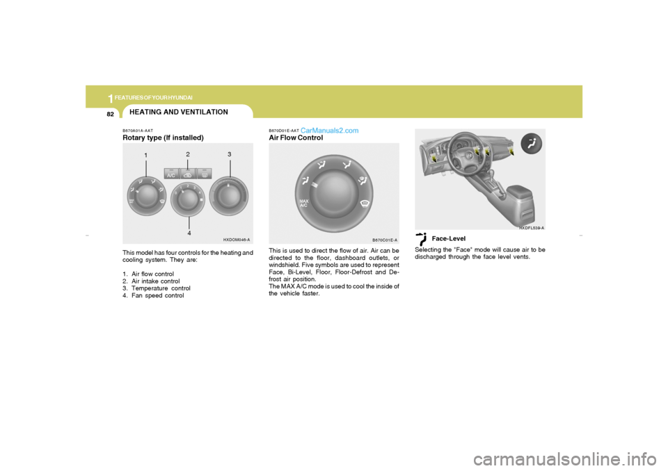 Hyundai Elantra 2005 Owners Manual 1FEATURES OF YOUR HYUNDAI82
HEATING AND VENTILATIONB670A01A-AATRotary type (If installed)This model has four controls for the heating and
cooling system. They are:
1. Air flow control
2. Air intake co