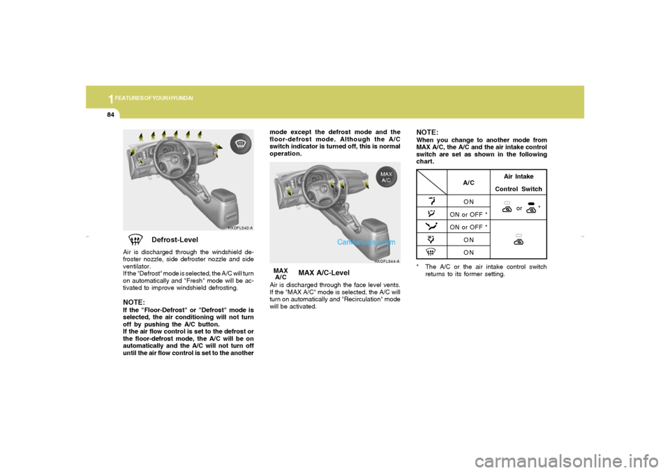 Hyundai Elantra 2005 Owners Manual 1FEATURES OF YOUR HYUNDAI84
MAX
A/C
Defrost-Level
Air is discharged through the windshield de-
froster nozzle, side defroster nozzle and side
ventilator.
If the "Defrost" mode is selected, the A/C wil