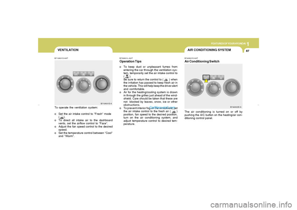 Hyundai Elantra 2005 Owners Manual 1
FEATURES OF YOUR HYUNDAI
87
VENTILATIONB710A01S-AATTo operate the ventilation system:
o Set the air intake control to "Fresh" mode
(     ).
o To direct all intake air to the dashboard
vents, set the