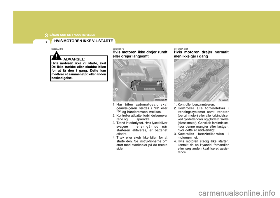 Hyundai Elantra 2005 Instruktionsbog (in Danish) 3 SÅDAN GØR DE I NØDSTILFÆLDE
2HVIS MOTOREN IKKE VIL STARTE
SD020A1-FC SD020B1-FC Hvis motoren ikke drejer rundt eller drejer langsomt
1. Har bilen automatgear, skal gearvælgeren sættes i "N" el Hyundai Elantra 2005 Instruktionsbog (in Danish) 3 SÅDAN GØR DE I NØDSTILFÆLDE
2HVIS MOTOREN IKKE VIL STARTE
SD020A1-FC SD020B1-FC Hvis motoren ikke drejer rundt eller drejer langsomt
1. Har bilen automatgear, skal gearvælgeren sættes i "N" el