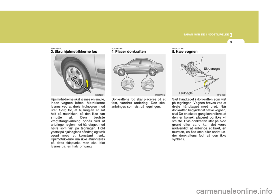 Hyundai Elantra 2005 Instruktionsbog (in Danish) 3
SÅDAN GØR DE I NØDSTILFÆLDE
9
SD070E1-FC
3. Skru hjulmøtrikkerne løs Hjulmøtrikkerne skal løsnes en smule, inden vognen løftes. Møtrikkerne løsnes ved at dreje hjulnøglen moduret. Sørg Hyundai Elantra 2005 Instruktionsbog (in Danish) 3
SÅDAN GØR DE I NØDSTILFÆLDE
9
SD070E1-FC
3. Skru hjulmøtrikkerne løs Hjulmøtrikkerne skal løsnes en smule, inden vognen løftes. Møtrikkerne løsnes ved at dreje hjulnøglen moduret. Sørg