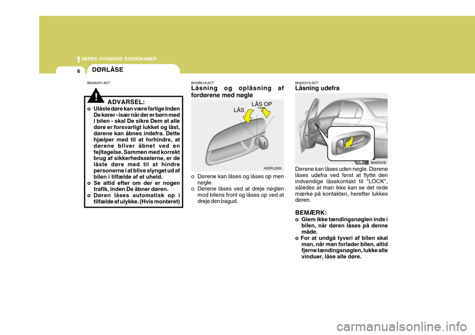 Hyundai Elantra 2005 Instruktionsbog (in Danish) 1DERES HYUNDAIS EGENSKABER
6DØRLÅSE
B040A02Y-ACT
ADVARSEL:
o Ulåste døre kan være farlige Inden De kører - især når der er børn med i bilen - skal De sikre Dem at alle døre er forsvarligt lu Hyundai Elantra 2005 Instruktionsbog (in Danish) 1DERES HYUNDAIS EGENSKABER
6DØRLÅSE
B040A02Y-ACT
ADVARSEL:
o Ulåste døre kan være farlige Inden De kører - især når der er børn med i bilen - skal De sikre Dem at alle døre er forsvarligt lu