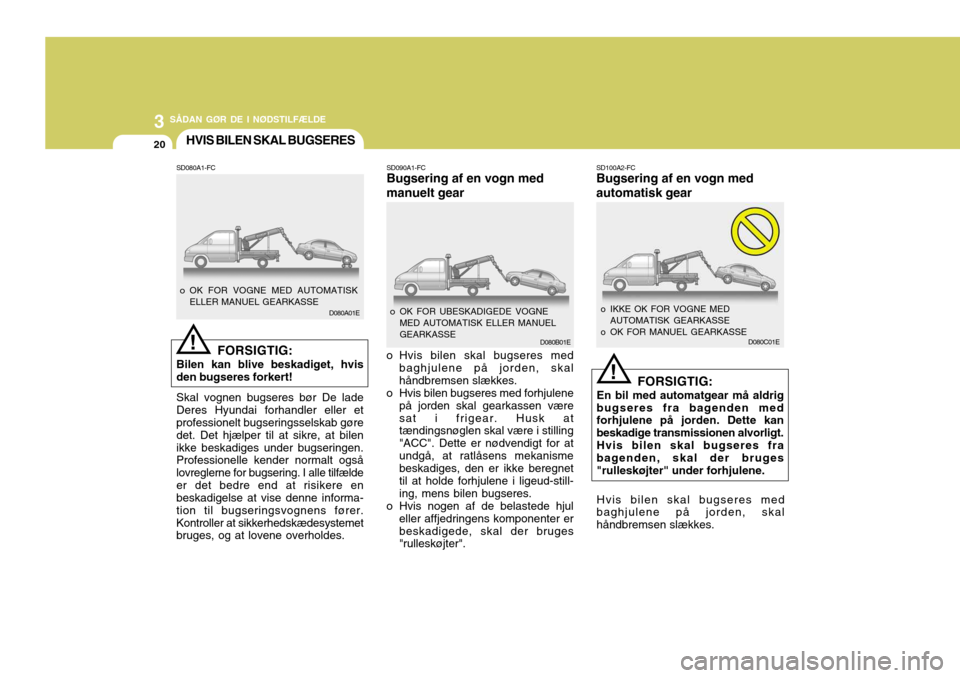 Hyundai Elantra 2005 Instruktionsbog (in Danish) 3 SÅDAN GØR DE I NØDSTILFÆLDE
20
D080C01ED080B01E
D080A01E SD100A2-FC Bugsering af en vogn med automatisk gear
FORSIGTIG:
En bil med automatgear må aldrig
bugseres fra bagenden med forhjulene på Hyundai Elantra 2005 Instruktionsbog (in Danish) 3 SÅDAN GØR DE I NØDSTILFÆLDE
20
D080C01ED080B01E
D080A01E SD100A2-FC Bugsering af en vogn med automatisk gear
FORSIGTIG:
En bil med automatgear må aldrig
bugseres fra bagenden med forhjulene på