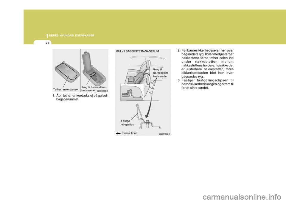 Hyundai Elantra 2005 Instruktionsbog (in Danish) 1DERES HYUNDAIS EGENSKABER
26
B230C02E-2
G230C02E-1
2. Før barnesikkerhedsselen hen over
bagsædets ryg. I biler med justerbar nakkestøtte føres tether selen ind under nakkestøtten mellem nakkestà Hyundai Elantra 2005 Instruktionsbog (in Danish) 1DERES HYUNDAIS EGENSKABER
26
B230C02E-2
G230C02E-1
2. Før barnesikkerhedsselen hen over
bagsædets ryg. I biler med justerbar nakkestøtte føres tether selen ind under nakkestøtten mellem nakkestÃ
