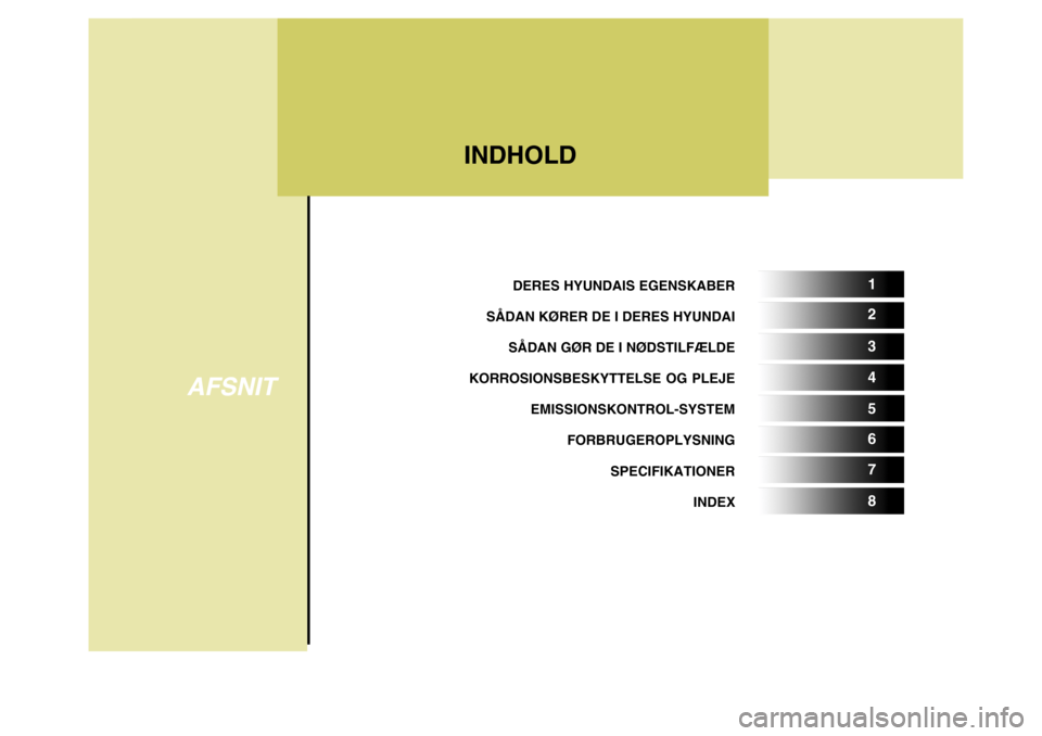 Hyundai Elantra 2005  Instruktionsbog (in Danish)  DERES HYUNDAIS EGENSKABER
SÅDAN KØRER DE I DERES HYUNDAI
 SÅDAN GØR DE I NØDSTILFÆLDE
KORROSIONSBESKYTTELSE OG PLEJE EMISSIONSKONTROL-SYSTEM FORBRUGEROPLYSNING
SPECIFIKATIONER INDEX
INDHOLD
AFS