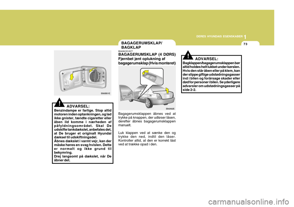 Hyundai Elantra 2005 Instruktionsbog (in Danish) 1
DERES HYUNDAIS EGENSKABER
73
B540A02E
BAGAGERUMSKLAP/ BAGKLAP
ADVARSEL:
Benzindampe er farlige. Stop altid motoren inden optankningen, og lad ikke gnister, tændte cigaretter eller åben ild komme i Hyundai Elantra 2005 Instruktionsbog (in Danish) 1
DERES HYUNDAIS EGENSKABER
73
B540A02E
BAGAGERUMSKLAP/ BAGKLAP
ADVARSEL:
Benzindampe er farlige. Stop altid motoren inden optankningen, og lad ikke gnister, tændte cigaretter eller åben ild komme i