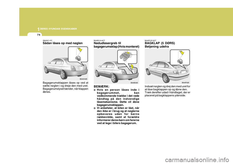 Hyundai Elantra 2005 Instruktionsbog (in Danish) 1DERES HYUNDAIS EGENSKABER
74
B540F01E-GCT BAGKLAP (5 DØRS) Betjening udefra Indsæt nøglen og drej den med uret for at låse bagklappen op og åbne den. Træk derefter udad i håndtaget, der er pla Hyundai Elantra 2005 Instruktionsbog (in Danish) 1DERES HYUNDAIS EGENSKABER
74
B540F01E-GCT BAGKLAP (5 DØRS) Betjening udefra Indsæt nøglen og drej den med uret for at låse bagklappen op og åbne den. Træk derefter udad i håndtaget, der er pla