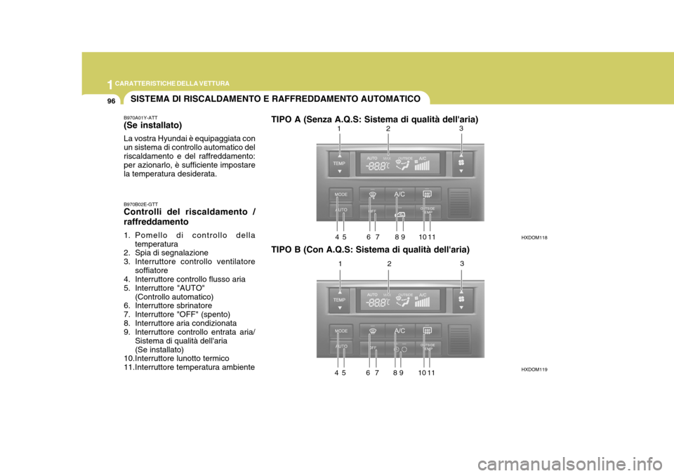 Hyundai Elantra 2005 Manuale del proprietario (in Italian) 1CARATTERISTICHE DELLA VETTURA
96
B970A01Y-ATT (Se installato) La vostra Hyundai è equipaggiata con un sistema di controllo automatico delriscaldamento e del raffreddamento: per azionarlo, è suffici Hyundai Elantra 2005 Manuale del proprietario (in Italian) 1CARATTERISTICHE DELLA VETTURA
96
B970A01Y-ATT (Se installato) La vostra Hyundai è equipaggiata con un sistema di controllo automatico delriscaldamento e del raffreddamento: per azionarlo, è suffici
