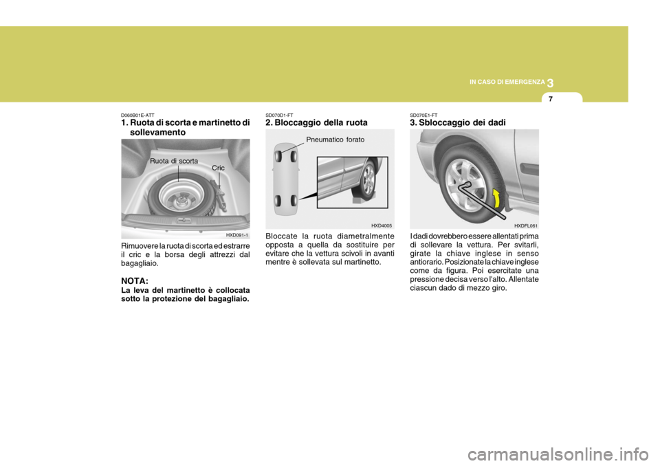 Hyundai Elantra 2005 Manuale del proprietario (in Italian) 3
IN CASO DI EMERGENZA
7
HXD4005
Rimuovere la ruota di scorta ed estrarre il cric e la borsa degli attrezzi dal bagagliaio. NOTA: La leva del martinetto è collocata sotto la protezione del bagagliaio Hyundai Elantra 2005 Manuale del proprietario (in Italian) 3
IN CASO DI EMERGENZA
7
HXD4005
Rimuovere la ruota di scorta ed estrarre il cric e la borsa degli attrezzi dal bagagliaio. NOTA: La leva del martinetto è collocata sotto la protezione del bagagliaio