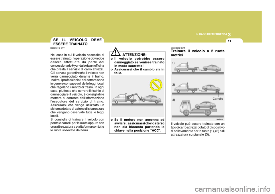 Hyundai Elantra 2005 Manuale del proprietario (in Italian) 3
IN CASO DI EMERGENZA
11
!
SE IL VEICOLO DEVE ESSERE TRAINATO
D080A01O-GTT Nel caso in cui il veicolo necessita di essere trainato, loperazione dovrebbe essere effettuata da parte delconcessionario Hyundai Elantra 2005 Manuale del proprietario (in Italian) 3
IN CASO DI EMERGENZA
11
!
SE IL VEICOLO DEVE ESSERE TRAINATO
D080A01O-GTT Nel caso in cui il veicolo necessita di essere trainato, loperazione dovrebbe essere effettuata da parte delconcessionario