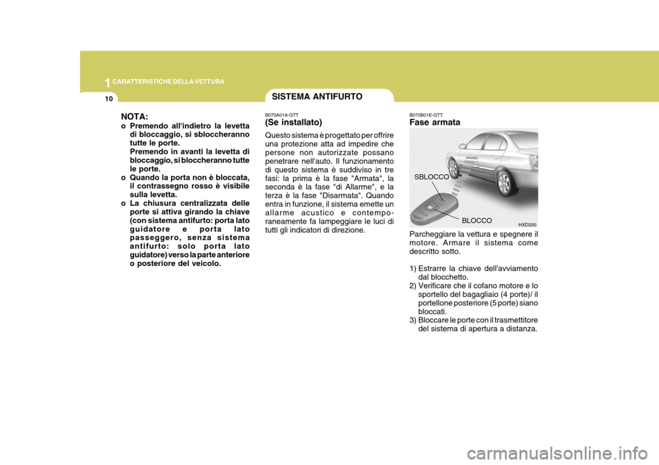 Hyundai Elantra 2005 Manuale del proprietario (in Italian) 1CARATTERISTICHE DELLA VETTURA
10
B070B01E-GTT Fase armata Parcheggiare la vettura e spegnere il motore. Armare il sistema come descritto sotto.
1) Estrarre la chiave dellavviamento
dal blocchetto.
Hyundai Elantra 2005 Manuale del proprietario (in Italian) 1CARATTERISTICHE DELLA VETTURA
10
B070B01E-GTT Fase armata Parcheggiare la vettura e spegnere il motore. Armare il sistema come descritto sotto.
1) Estrarre la chiave dellavviamento
dal blocchetto.