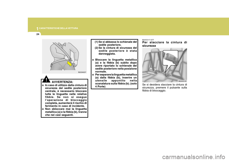 Hyundai Elantra 2005  Manuale del proprietario (in Italian) 1CARATTERISTICHE DELLA VETTURA
24
B220C01Y-GTT Per slacciare la cintura di sicurezza Se si desidera slacciare la cintura di sicurezza, premere il pulsante sullafibbia di bloccaggio.
(1) Se si abbassa 