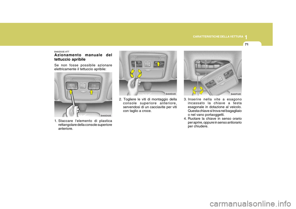 Hyundai Elantra 2005 Manuale del proprietario (in Italian) 1
CARATTERISTICHE DELLA VETTURA
71
B460D03E-ATT Azionamento manuale del tettuccio apribile Se non fosse possibile azionare elettricamente il tettuccio apribile:
1. Staccare lelemento di plastica
ret Hyundai Elantra 2005 Manuale del proprietario (in Italian) 1
CARATTERISTICHE DELLA VETTURA
71
B460D03E-ATT Azionamento manuale del tettuccio apribile Se non fosse possibile azionare elettricamente il tettuccio apribile:
1. Staccare lelemento di plastica
ret