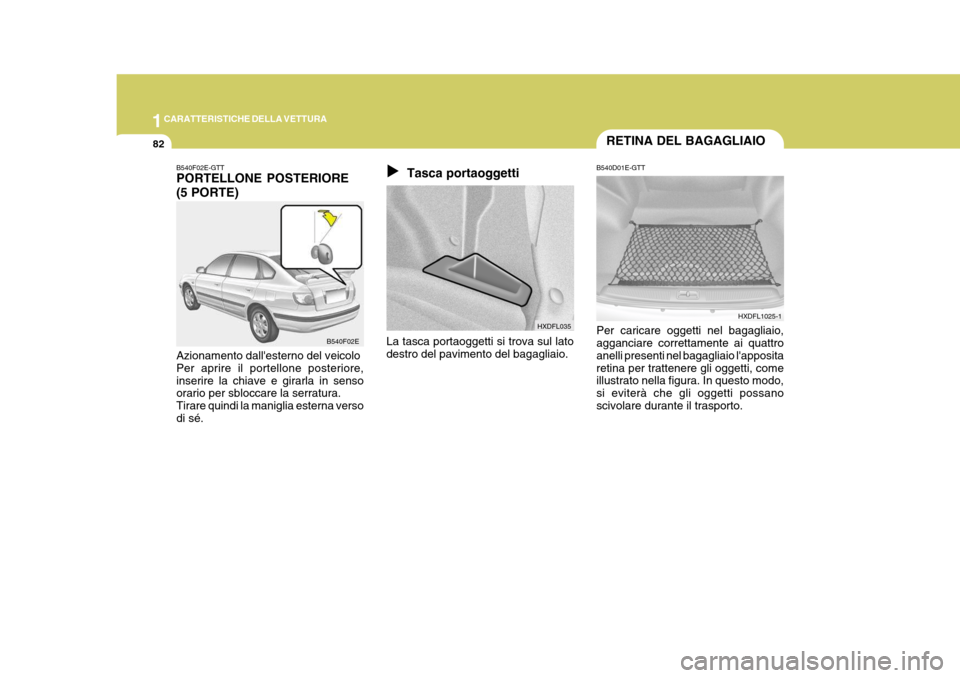 Hyundai Elantra 2005 Manuale del proprietario (in Italian) 1CARATTERISTICHE DELLA VETTURA
82
HXDFL1025-1
B540D01E-GTT Per caricare oggetti nel bagagliaio, agganciare correttamente ai quattro anelli presenti nel bagagliaio lappositaretina per trattenere gli o Hyundai Elantra 2005 Manuale del proprietario (in Italian) 1CARATTERISTICHE DELLA VETTURA
82
HXDFL1025-1
B540D01E-GTT Per caricare oggetti nel bagagliaio, agganciare correttamente ai quattro anelli presenti nel bagagliaio lappositaretina per trattenere gli o