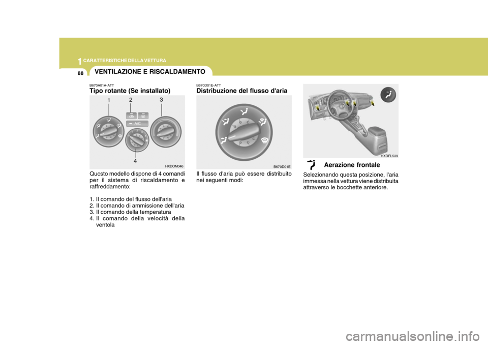 Hyundai Elantra 2005 Manuale del proprietario (in Italian) 1CARATTERISTICHE DELLA VETTURA
88
HXDOM046
B670D01EHXDFL539
VENTILAZIONE E RISCALDAMENTO
1
2
3
4 B670D01E-ATT Distribuzione del flusso daria Il flusso daria può essere distribuito nei seguenti modi Hyundai Elantra 2005 Manuale del proprietario (in Italian) 1CARATTERISTICHE DELLA VETTURA
88
HXDOM046
B670D01EHXDFL539
VENTILAZIONE E RISCALDAMENTO
1
2
3
4 B670D01E-ATT Distribuzione del flusso daria Il flusso daria può essere distribuito nei seguenti modi
