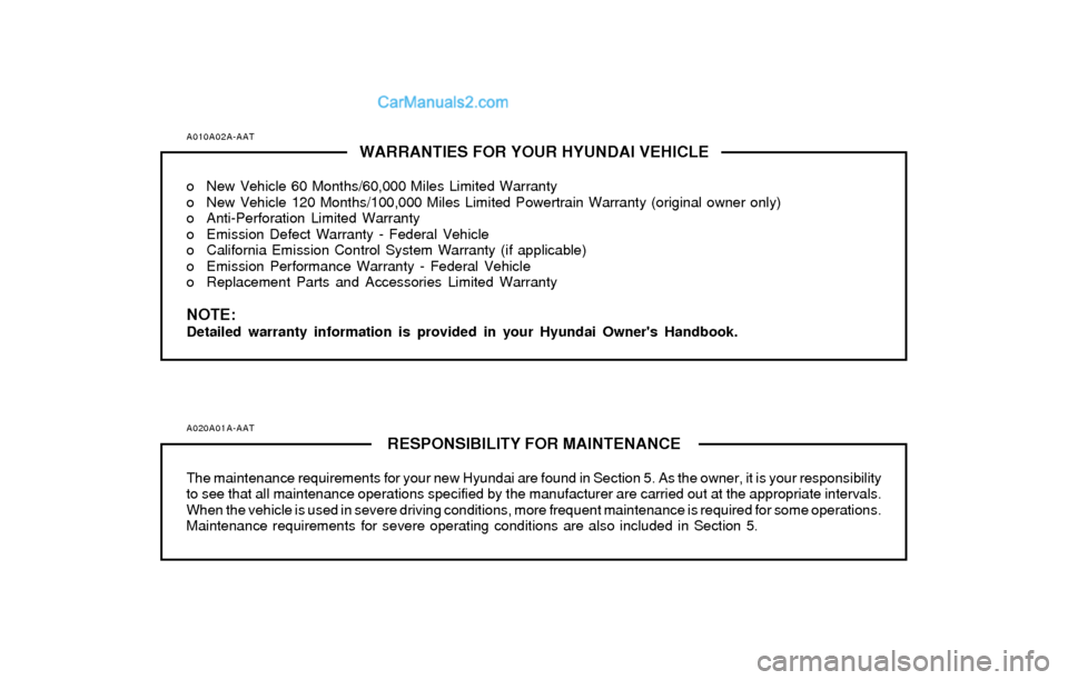 Hyundai Elantra 2004  Owners Manual A010A02A-AATWARRANTIES FOR YOUR HYUNDAI VEHICLE
o New Vehicle 60 Months/60,000 Miles Limited Warranty
o New Vehicle 120 Months/100,000 Miles Limited Powertrain Warranty (original owner only)
o Anti-Pe