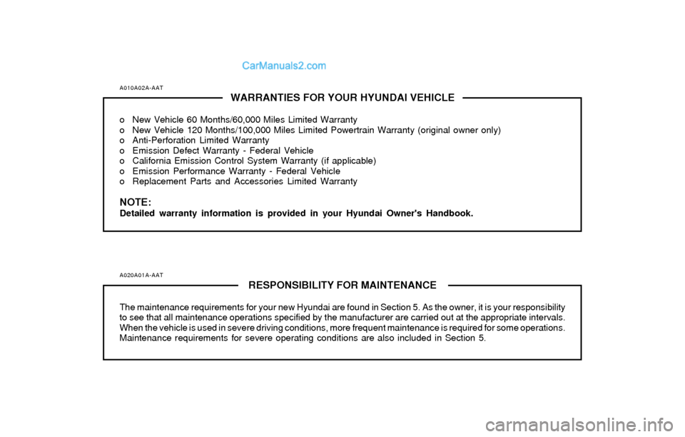 Hyundai Elantra 2004 Owners Manual A010A02A-AATWARRANTIES FOR YOUR HYUNDAI VEHICLE
o New Vehicle 60 Months/60,000 Miles Limited Warranty
o New Vehicle 120 Months/100,000 Miles Limited Powertrain Warranty (original owner only)
o Anti-Pe Hyundai Elantra 2004 Owners Manual A010A02A-AATWARRANTIES FOR YOUR HYUNDAI VEHICLE
o New Vehicle 60 Months/60,000 Miles Limited Warranty
o New Vehicle 120 Months/100,000 Miles Limited Powertrain Warranty (original owner only)
o Anti-Pe