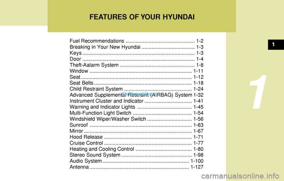 Hyundai Elantra 2004  Owners Manual FEATURES OF YOUR HYUNDAI
1
Fuel Recommendations ................................................ 1-2
Breaking in Your New Hyundai ..................................... 1-3
Keys........................