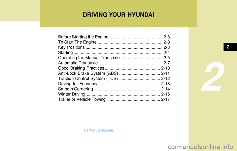 Hyundai Elantra 2004  Owners Manual Before Starting the Engine ............................................ 2-3
To Start The Engine ...................................................... 2-3
Key Positions ...............................