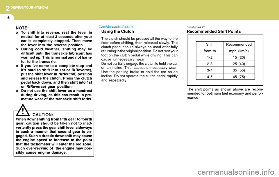 Hyundai Elantra 2004  Owners Manual 2DRIVING YOUR HYUNDAI
6
C070B01A-AAT
Using the Clutch
The clutch should be pressed all the way to the
floor before shifting, then released slowly. The
clutch pedal should always be used after fully
re