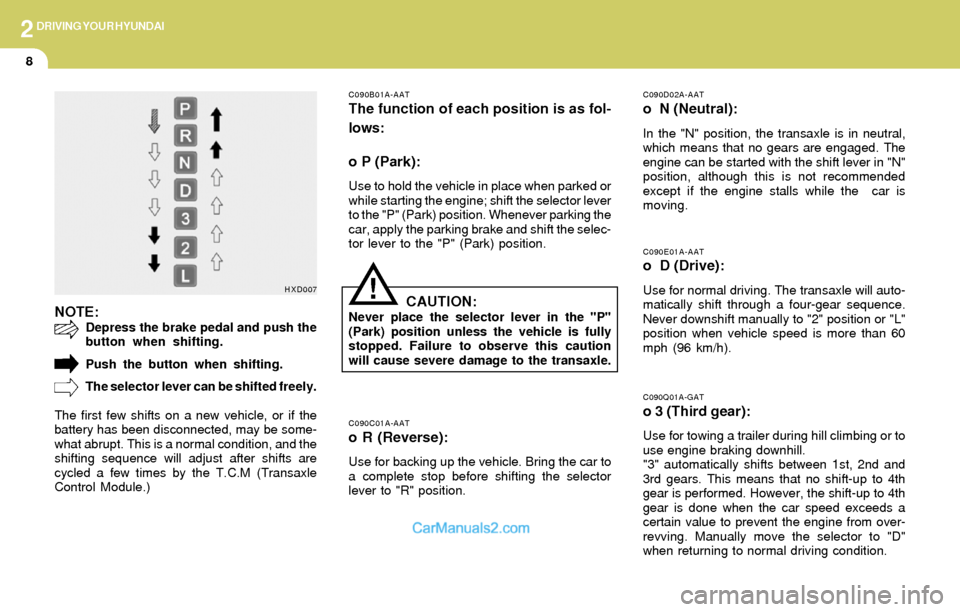 Hyundai Elantra 2004  Owners Manual 2DRIVING YOUR HYUNDAI
8
C090E01A-AATo  D (Drive):
Use for normal driving. The transaxle will auto-
matically shift through a four-gear sequence.
Never downshift manually to "2" position or "L"
positio