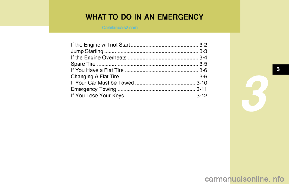 Hyundai Elantra 2004  Owners Manual If the Engine will not Start .............................................. 3-2
Jump Starting ................................................................ 3-3
If the Engine Overheats .............
