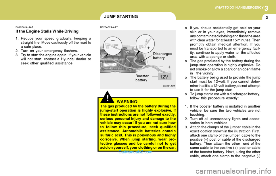 Hyundai Elantra 2004  Owners Manual 3WHAT TO DO IN AN EMERGENCY
3
HXDFL523
Discharged
battery
Booster
battery
JUMP STARTING
D010D01A-AAT
If the Engine Stalls While Driving
1. Reduce your speed gradually, keeping a
straight line. Move ca