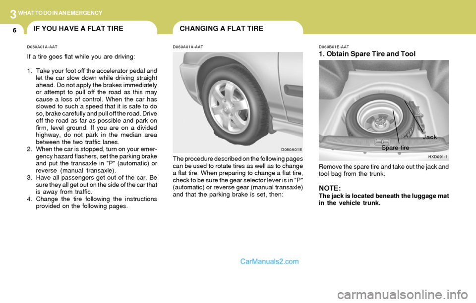 Hyundai Elantra 2004  Owners Manual 3WHAT TO DO IN AN EMERGENCY
6CHANGING A FLAT TIREIF YOU HAVE A FLAT TIRE
D060B01E-AAT
1. Obtain Spare Tire and Tool
Remove the spare tire and take out the jack and
tool bag from the trunk.
NOTE:The ja