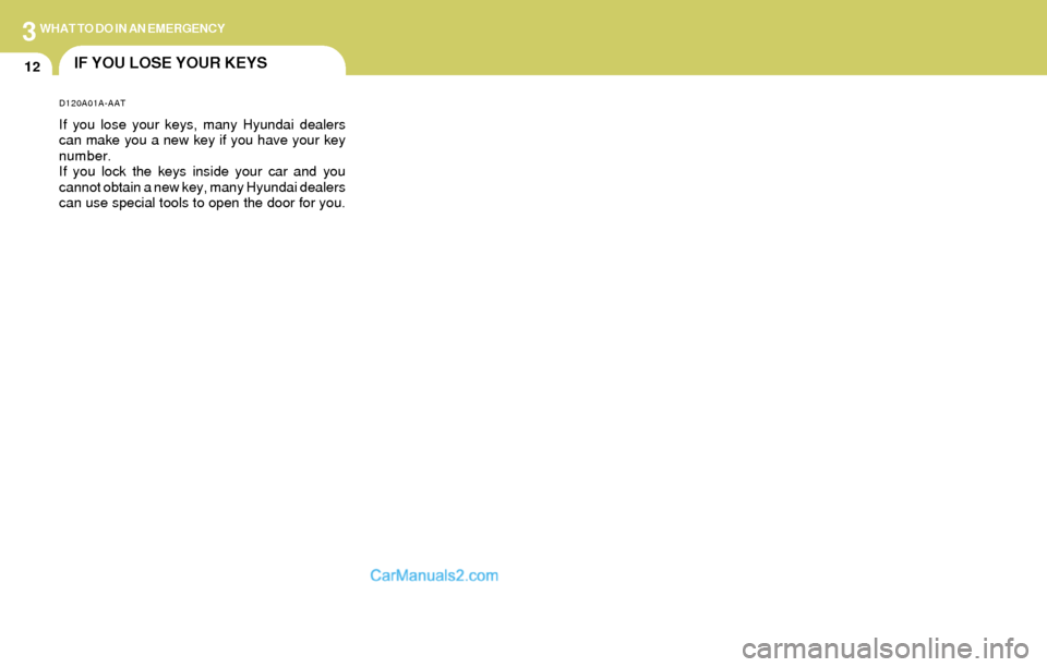 Hyundai Elantra 2004  Owners Manual 3WHAT TO DO IN AN EMERGENCY
12IF YOU LOSE YOUR KEYS
D120A01A-AAT
If you lose your keys, many Hyundai dealers
can make you a new key if you have your key
number.
If you lock the keys inside your car an