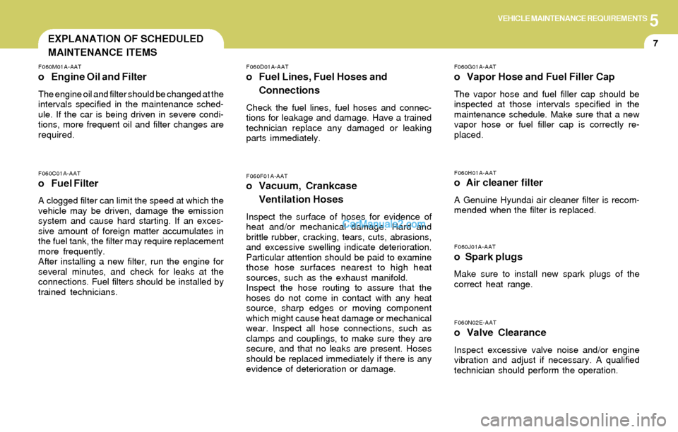 Hyundai Elantra 2004  Owners Manual 5VEHICLE MAINTENANCE REQUIREMENTS
7EXPLANATION OF SCHEDULED
MAINTENANCE ITEMS
F060F01A-AATo Vacuum, Crankcase
Ventilation Hoses
Inspect the surface of hoses for evidence of
heat and/or mechanical dama