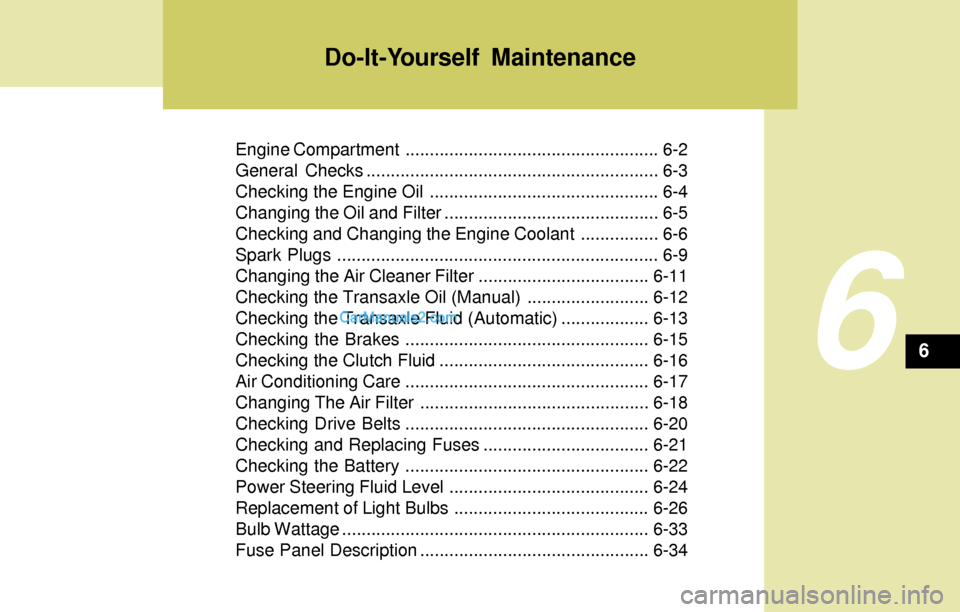Hyundai Elantra 2004  Owners Manual Engine Compartment .................................................... 6-2
General Checks ............................................................ 6-3
Checking the Engine Oil ....................