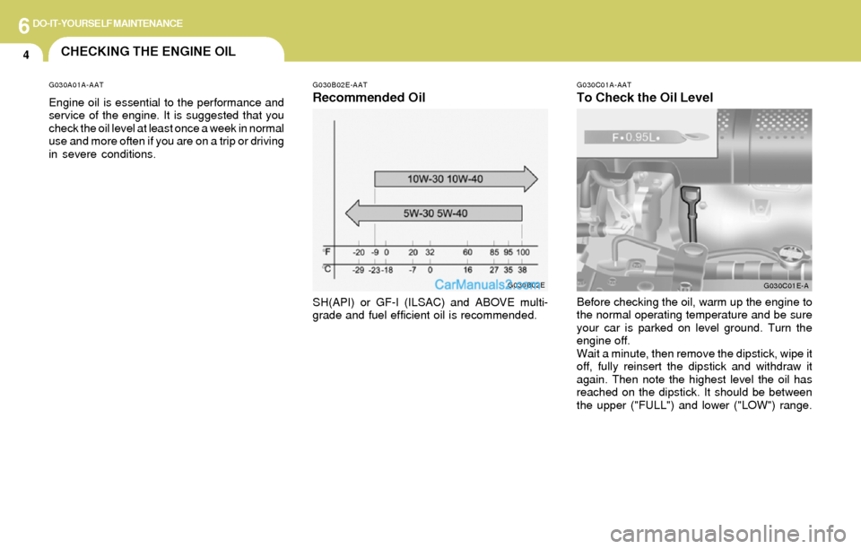 Hyundai Elantra 2004  Owners Manual 6DO-IT-YOURSELF MAINTENANCE
4CHECKING THE ENGINE OIL
G030A01A-AAT
Engine oil is essential to the performance and
service of the engine. It is suggested that you
check the oil level at least once a wee