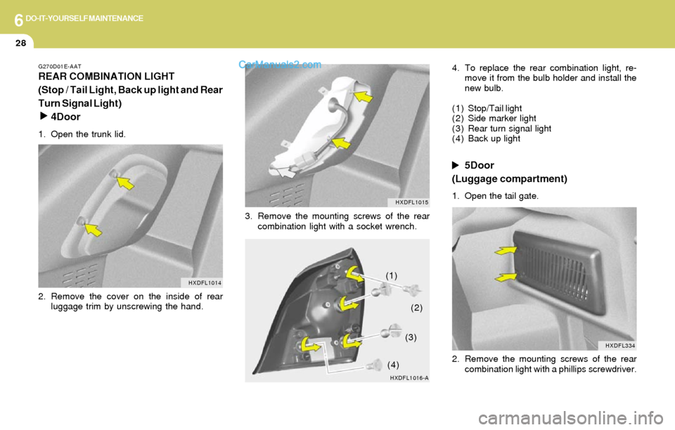 Hyundai Elantra 2004  Owners Manual 6DO-IT-YOURSELF MAINTENANCE
28
G270D01E-AAT
REAR COMBINATION LIGHT
(Stop / Tail Light, Back up light and Rear
Turn Signal Light)
4Door
1. Open the trunk lid.
2. Remove the cover on the inside of rear
