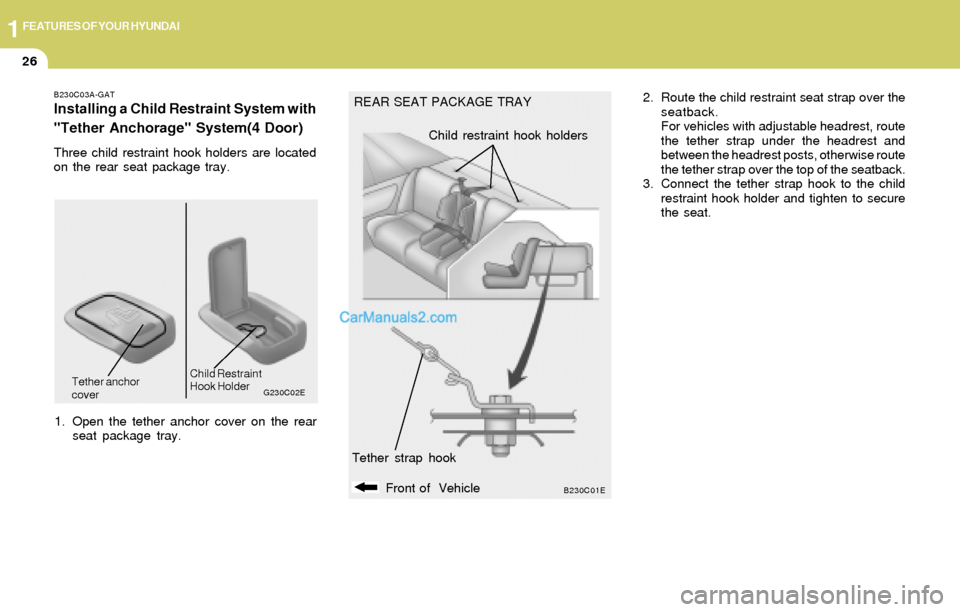 Hyundai Elantra 2004 Owners Guide 1FEATURES OF YOUR HYUNDAI
26
B230C03A-GAT
Installing a Child Restraint System with
"Tether Anchorage" System(4 Door)
Three child restraint hook holders are located
on the rear seat package tray.REAR S Hyundai Elantra 2004 Owners Guide 1FEATURES OF YOUR HYUNDAI
26
B230C03A-GAT
Installing a Child Restraint System with
"Tether Anchorage" System(4 Door)
Three child restraint hook holders are located
on the rear seat package tray.REAR S