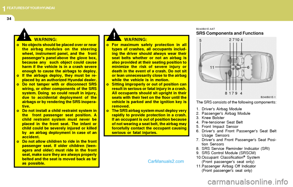 Hyundai Elantra 2004  Owners Manual 1FEATURES OF YOUR HYUNDAI
34
!WARNING:
o No objects should be placed over or near
the airbag modules on the steering
wheel, instrument panel, and the  front
passengers  panel above  the  glove  box,
