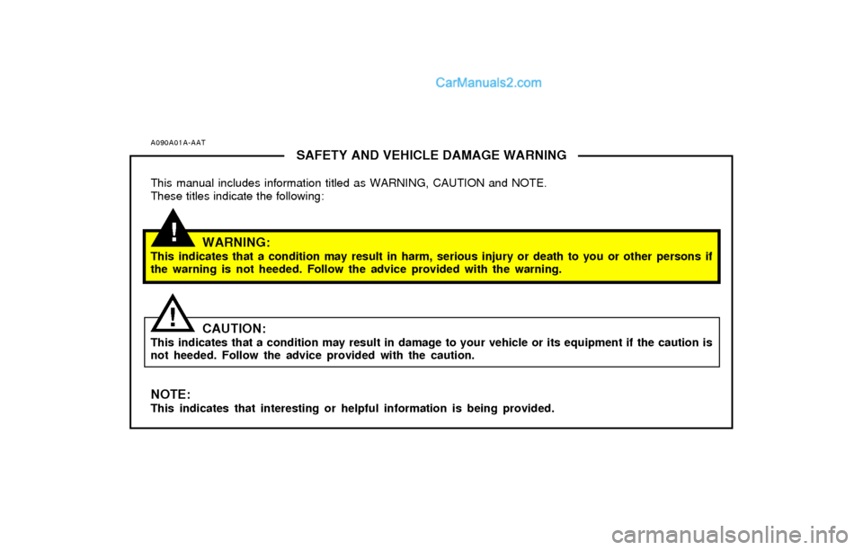Hyundai Elantra 2004  Owners Manual A090A01A-AATSAFETY AND VEHICLE DAMAGE WARNING
This manual includes information titled as WARNING, CAUTION and NOTE.
These titles indicate the following:
WARNING:This indicates that a condition may res