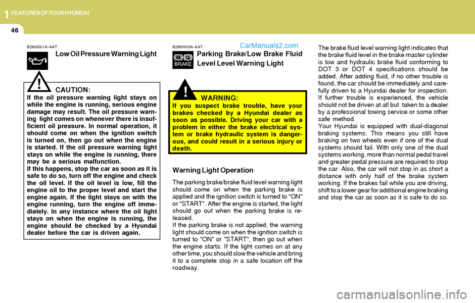 Hyundai Elantra 2004  Owners Manual 1FEATURES OF YOUR HYUNDAI
46
B260G01A-AAT
Low Oil Pressure Warning Light
B260H03A-AAT
Parking Brake/Low Brake Fluid
Level Level Warning Light
CAUTION:
If the oil pressure warning light stays on
while 