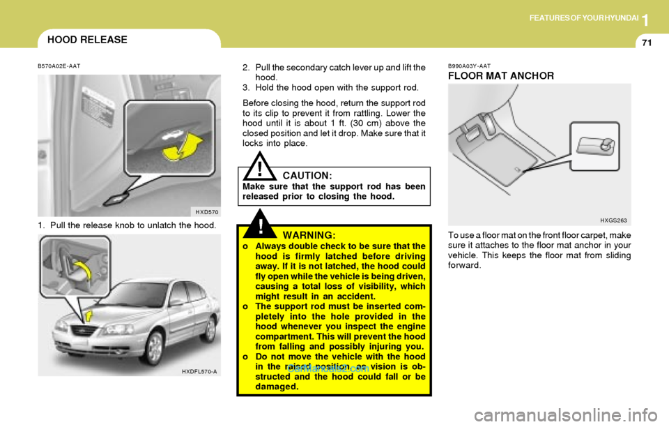 Hyundai Elantra 2004 Manual Online 1FEATURES OF YOUR HYUNDAI
71
B990A03Y-AAT
FLOOR MAT ANCHOR
To use a floor mat on the front floor carpet, make
sure it attaches to the floor mat anchor in your
vehicle. This keeps the floor mat from sl Hyundai Elantra 2004 Manual Online 1FEATURES OF YOUR HYUNDAI
71
B990A03Y-AAT
FLOOR MAT ANCHOR
To use a floor mat on the front floor carpet, make
sure it attaches to the floor mat anchor in your
vehicle. This keeps the floor mat from sl