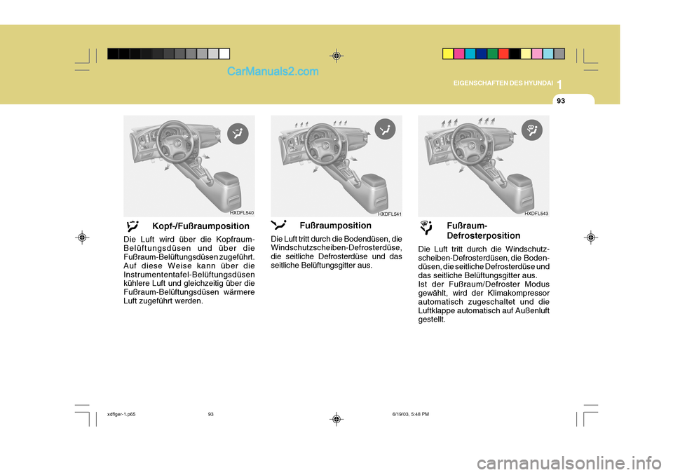 Hyundai Elantra 2004 Betriebsanleitung (in German) 1
EIGENSCHAFTEN DES HYUNDAI
93
Fußraum- Defrosterposition
Die Luft tritt durch die Windschutz- scheiben-Defrosterdüsen, die Boden- düsen, die seitliche Defrosterdüse und das seitliche Belüftungs Hyundai Elantra 2004 Betriebsanleitung (in German) 1
EIGENSCHAFTEN DES HYUNDAI
93
Fußraum- Defrosterposition
Die Luft tritt durch die Windschutz- scheiben-Defrosterdüsen, die Boden- düsen, die seitliche Defrosterdüse und das seitliche Belüftungs